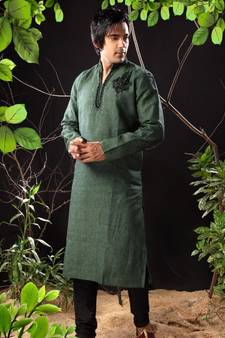 Green embroidered linen kurta-pajama