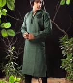 Green embroidered linen kurta-pajama
