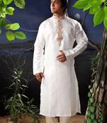 White embroidered art silk kurta-pajama