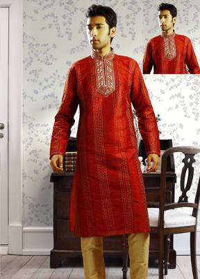 Red embroidered art silk kurta-pajama 1