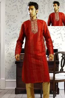 Red embroidered art silk kurta-pajama