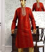 Red embroidered art silk kurta-pajama