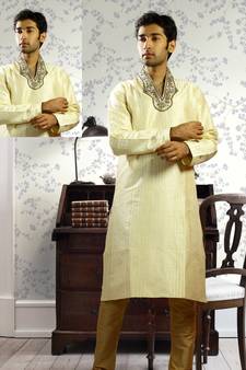 Fawn embroidered art silk kurta-pajama