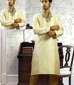 Fawn embroidered art silk kurta-pajama