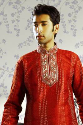 Red embroidered art silk kurta-pajama 2