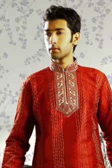 Red embroidered art silk kurta-pajama