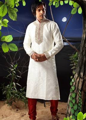 Fawn embroidered art silk kurta-pajama 1