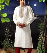 Fawn embroidered art silk kurta-pajama