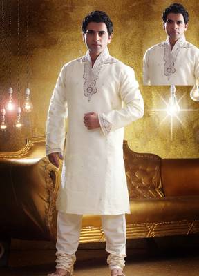 Fawn embroidered art silk kurta-pajama 1