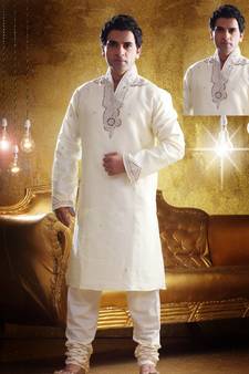 Fawn embroidered art silk kurta-pajama
