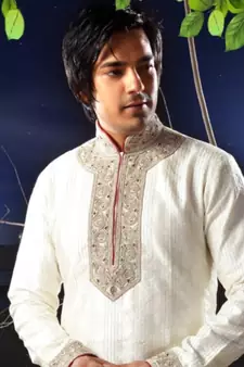 Fawn embroidered art silk kurta-pajama
