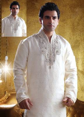 White embroidered art silk kurta-pajama 1