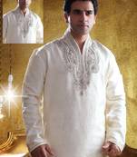 White embroidered art silk kurta-pajama
