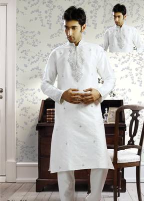 White embroidered art silk kurta-pajama 1