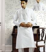 White embroidered art silk kurta-pajama
