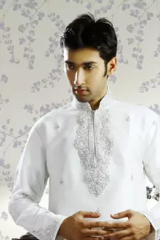 White embroidered art silk kurta-pajama