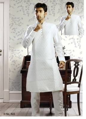 White embroidered art silk kurta-pajama 1
