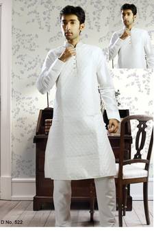 White embroidered art silk kurta-pajama