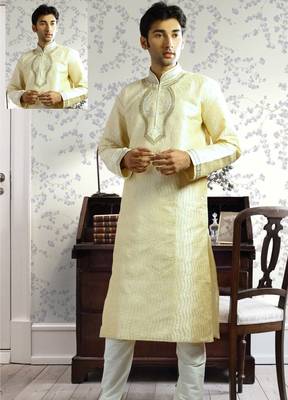 Fawn embroidered art silk kurta-pajama 1