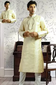 Fawn embroidered art silk kurta-pajama