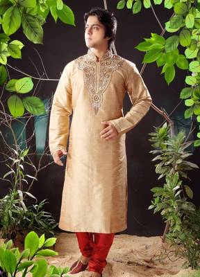 Gold embroidered art silk kurta-pajama 1