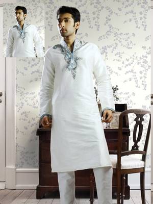 White embroidered art silk kurta-pajama 1