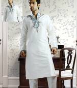 White embroidered art silk kurta-pajama
