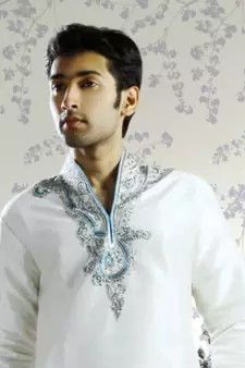 White embroidered art silk kurta-pajama
