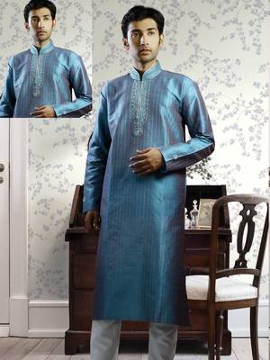 Blue embroidered art silk kurta-pajama 1