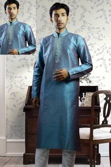 Blue embroidered art silk kurta-pajama