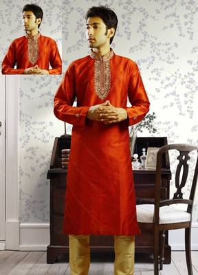 Red embroidered art silk kurta-pajama 1