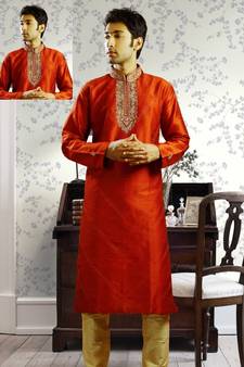 Red embroidered art silk kurta-pajama