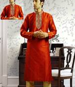 Red embroidered art silk kurta-pajama