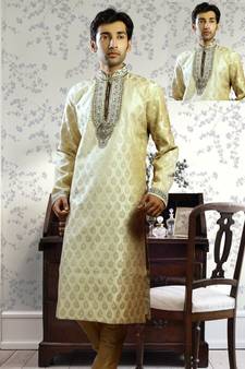 Fawn embroidered art silk kurta-pajama