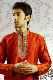 Red embroidered art silk kurta-pajama