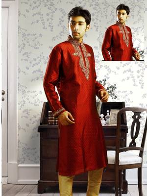 Maroon embroidered art silk kurta-pajama 1