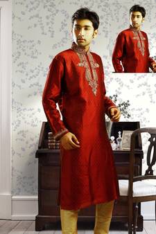 Maroon embroidered art silk kurta-pajama