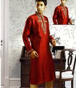 Maroon embroidered art silk kurta-pajama