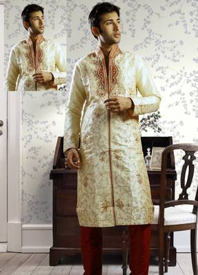 Fawn embroidered art silk sherwani 1