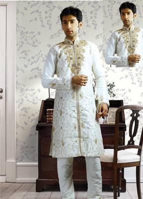 White embroidered art silk sherwani 1