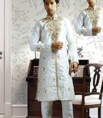 White embroidered art silk sherwani