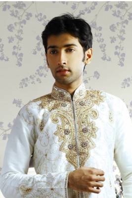 White embroidered art silk sherwani 2