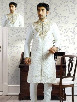 White embroidered art silk sherwani 1