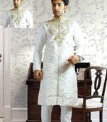 White embroidered art silk sherwani