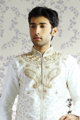White embroidered art silk sherwani 2