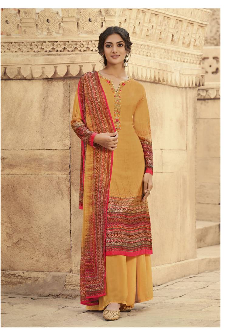 Mustard Digital Printed, Embroidery Work French Crape unstitched Long Length Kameez Plazzo party wear salwarsuit