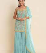Sky Blue Designer Multy Thread Embroidery Work Georgette unstitched Long Length Kameez Sharara  party wear salwarsuit