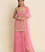 Pink Designer Multy Thread Embroidery Work Georgette unstitched Long Length Kameez Sharara  party wear salwarsuit