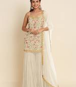 Cream Designer Multy Thread Embroidery Work Georgette unstitched Long Length Kameez Sharara  party wear salwarsuit