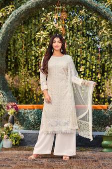 White Designer Cotton Thread Embroidery Work Faux Georgette party wear salwarsuit